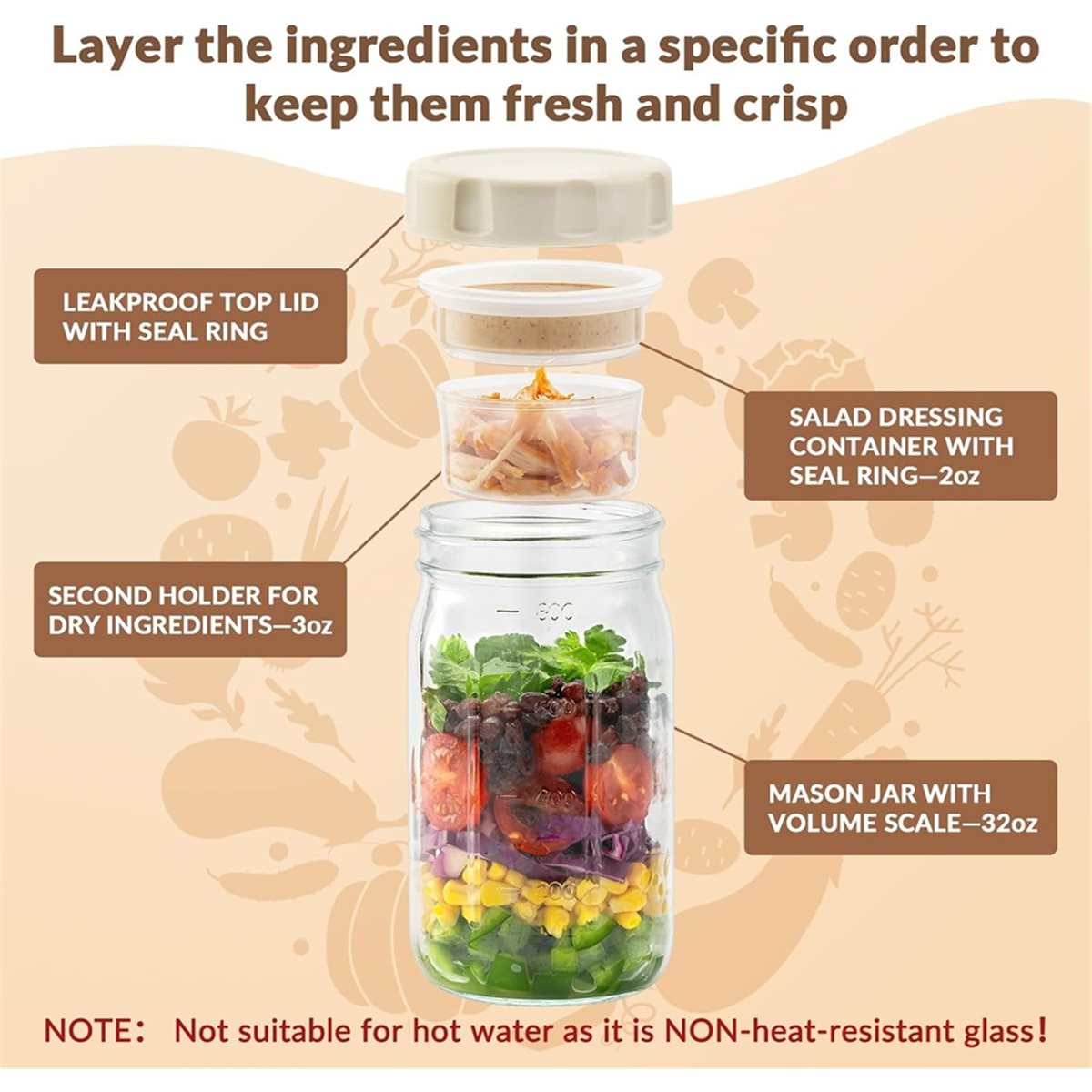 Meal Prep Jar Salad - A67T NEW 4 Pack Glass Salad